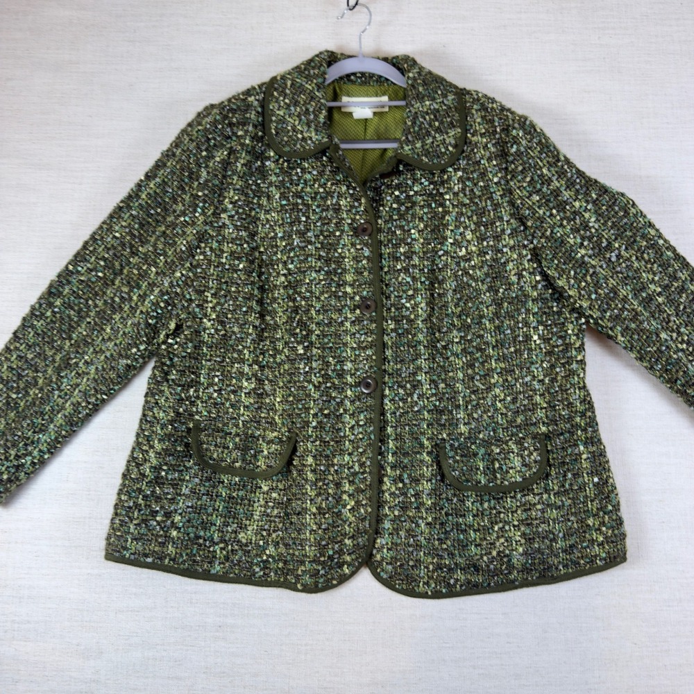 Appleseed's Green Tweed Button Front Jacket Peter Pan Collar Plus Size 18W Lined